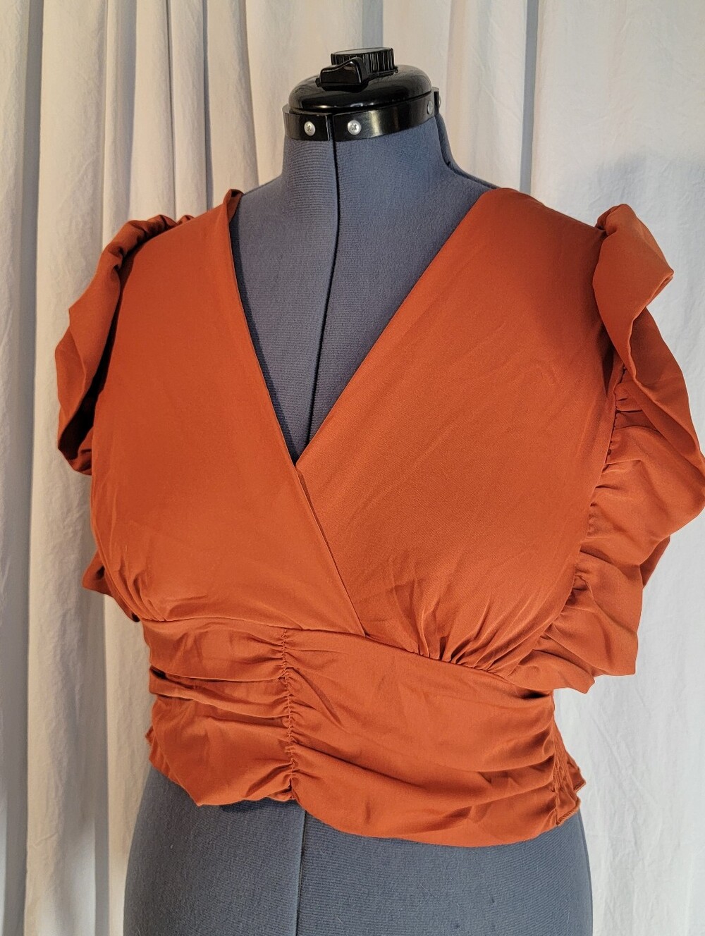 Rust Orange Wrap-Style Crop Blouse